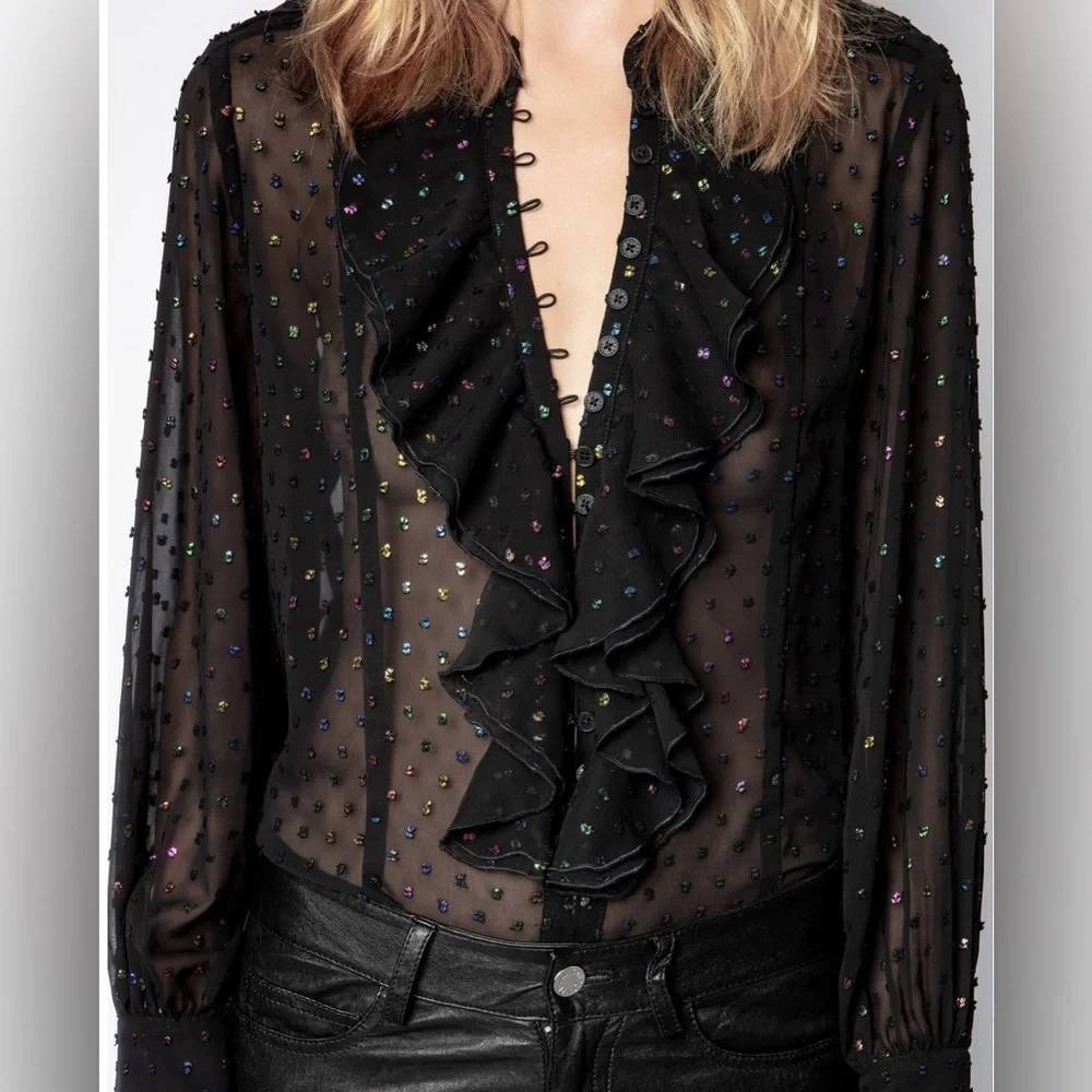 Zadig & Voltaire Twin Mousseline Swiss Dot Ruffle Blouse Black WJCP3514F Small - Picture 3 of 12